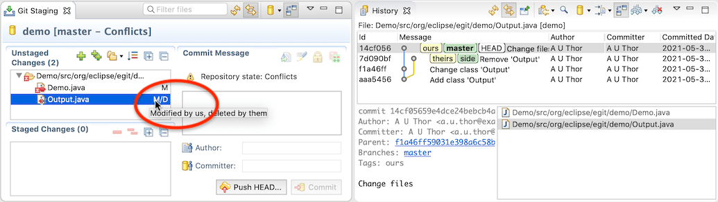 "Screenshot of the Staging View with the new conflict type indicators highlighted."